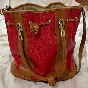 Valentina Two Tone Tan & Red Leather Drawstring Shoulder Bag Hand Purse Italy